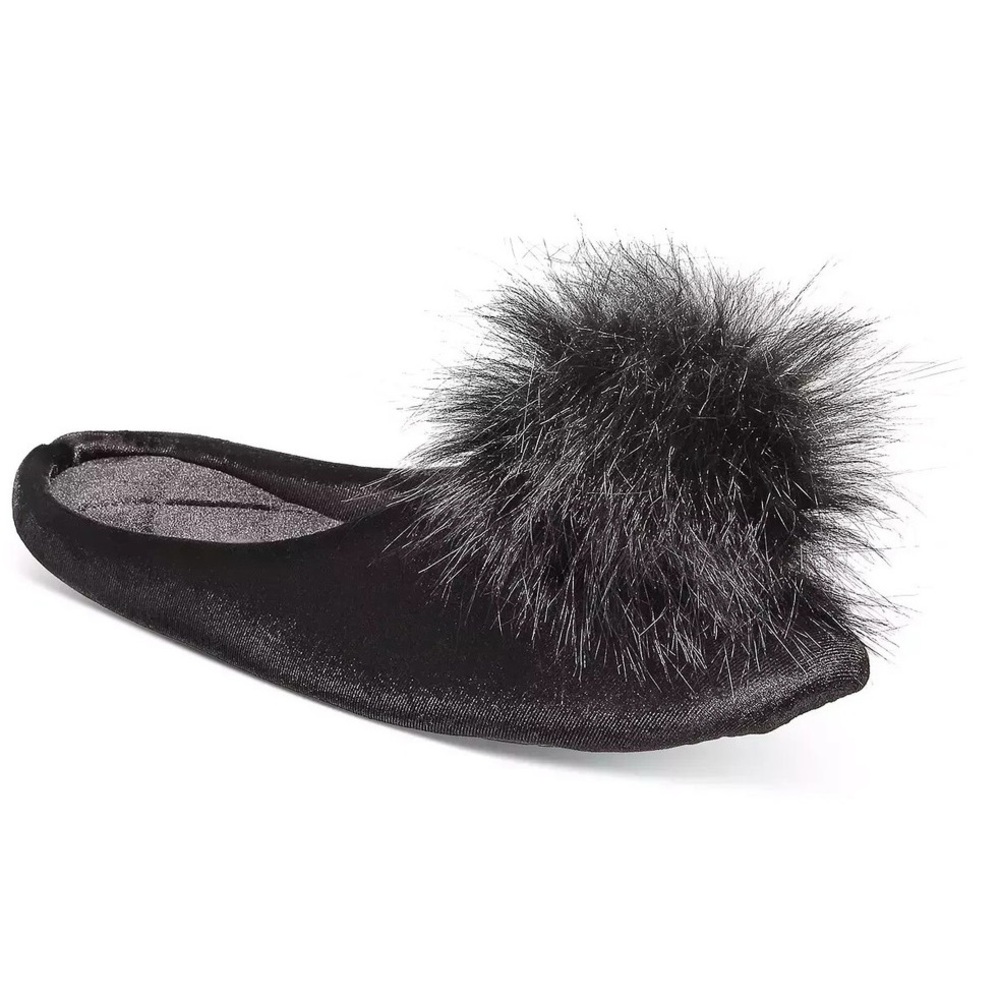 Black Velvet Pom Pom Slippers